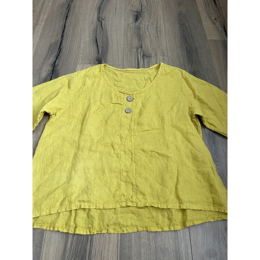 100% Linen Lagenlook Yellow Button Blouse Short Sleeve Made in Italy Medium EUC